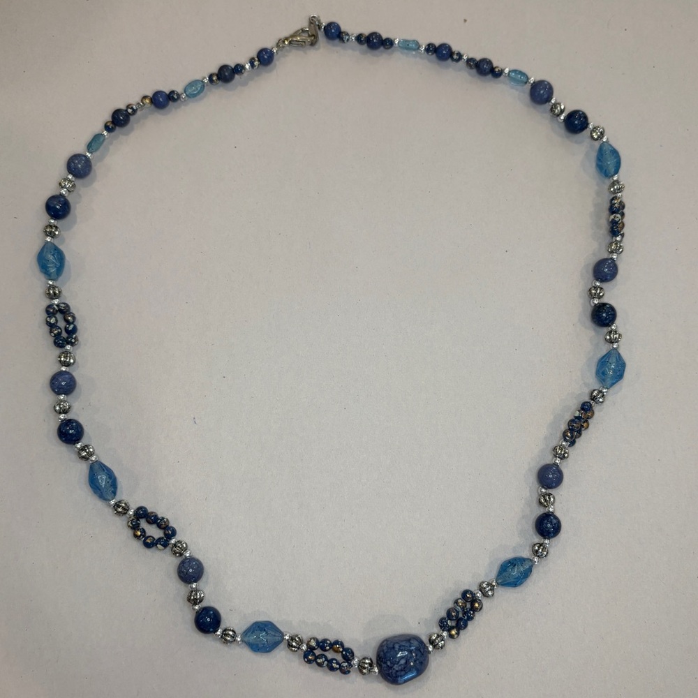 Vintage Blue Beaded Necklace | 24" Acrylic Beads | Layering Statement Piece